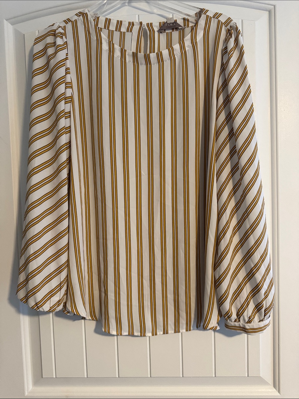 LOFT White and Mustard Vertical-Stripe Balloon-Sleeve Blouse